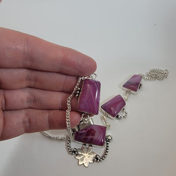 Handmade Purple Agate Necklace with Sterling Silver Artisan Geometric Jewelry - Picture 7 of 10